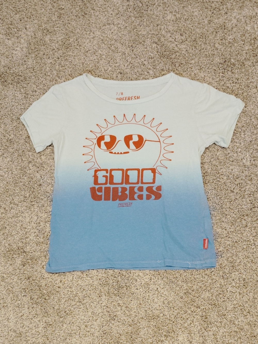 PREFRESH White to Blue Ombre Tee with Orange 'Good Vibes' Sun Graphic